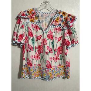Ladies Pink Floral Pattern 100% Polyester V Neck Line Blouse Size Small